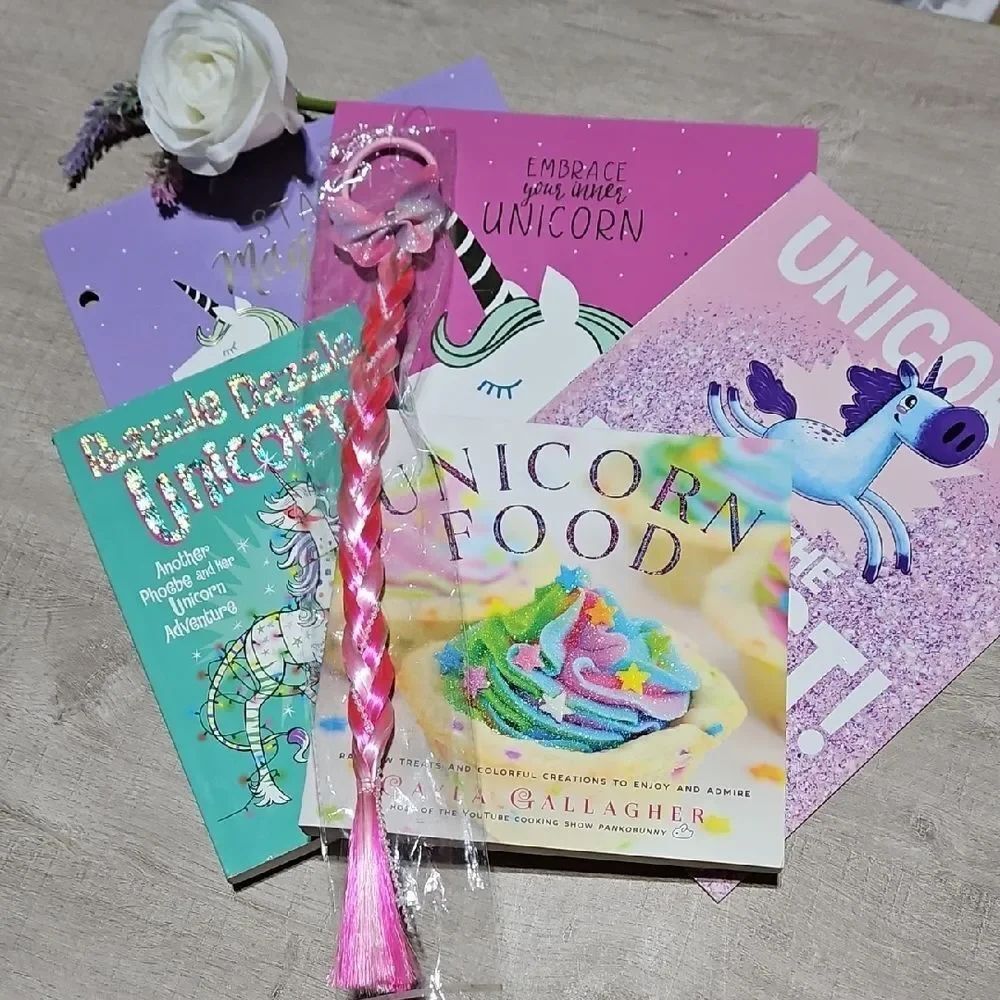 Unicorn Themed Bundle: 2 Books, 1 Cookbook, 2 Folders & 1 Hair Accessory
